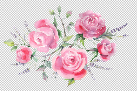 Bouquet with Roses and Lavender Pink Watercolor Illustrations