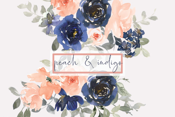 Indigo Peach Watercolor Floral Clipart for Commercial Illustrations