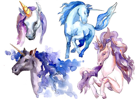 Magic Blue and Pink Unicorns PNG Watercolor Set for Modern Illustrations