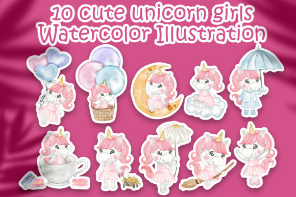 Set of Cute Unicorn Girls Watercolor Illustrations