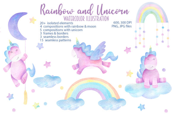 Watercolor Unicorn and Rainbow Illustrations for Digital Sellers